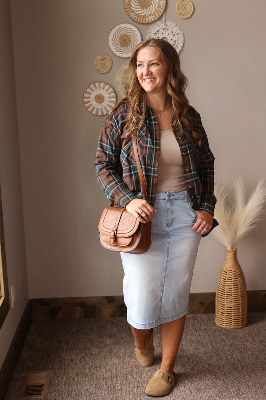 Brown Plaid Button Up Top