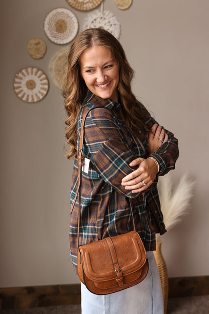 Brown Plaid Button Up Top