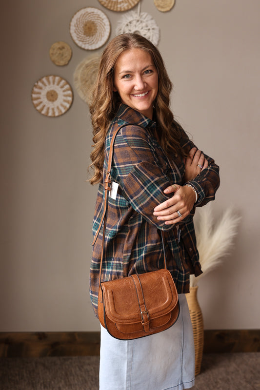 Brown Plaid Button Up Top