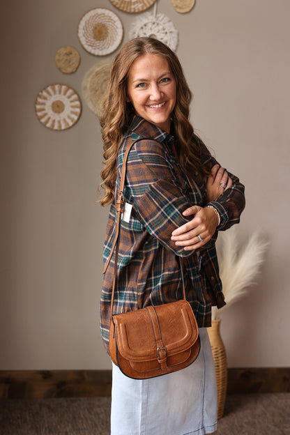 Brown Plaid Button Up Top