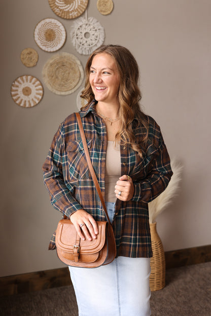 Brown Plaid Button Up Top
