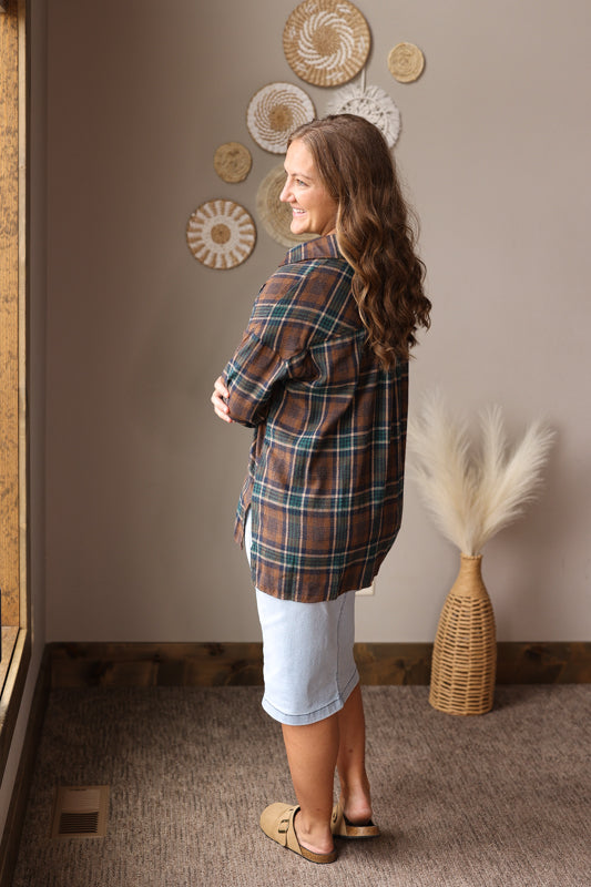 Brown Plaid Button Up Top