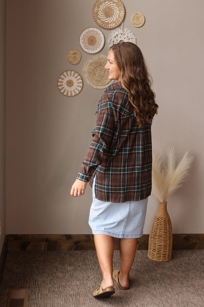 Brown Plaid Button Up Top