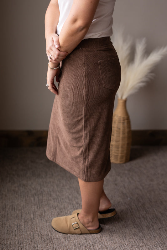 Pinecone Brown Corduroy Elastic Waist Midi Skirt