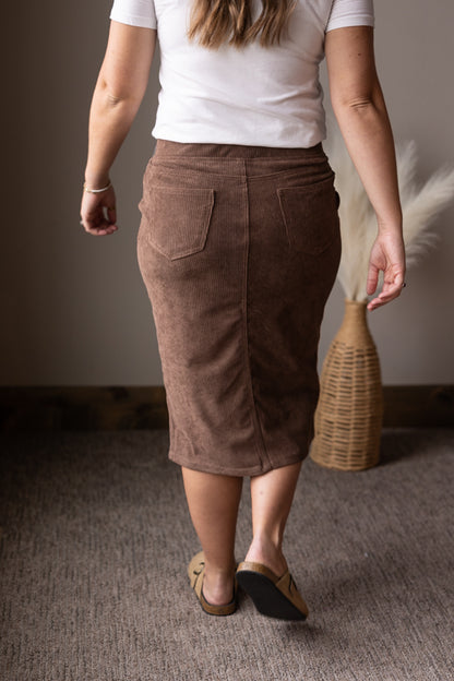 Pinecone Brown Corduroy Elastic Waist Midi Skirt