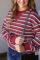 Close-up of a red striped top highlighting the round neckline, horizontal stripes, and gathered sleeve cuffs.