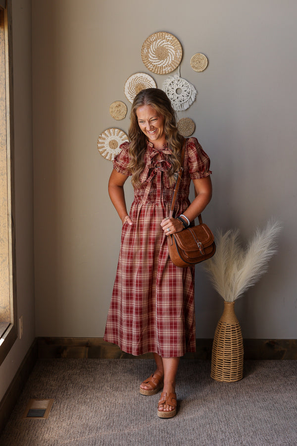 Vintage Plaid Bow Tie-Front Midi Dress – Burgundy & Tan Large