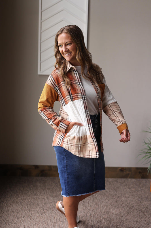 Orange Plaid Patchwork Shacket