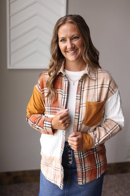 Orange Plaid Patchwork Shacket
