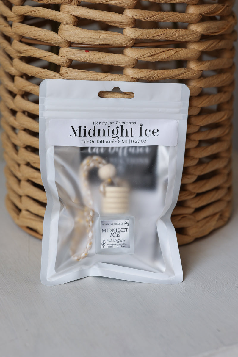 A clear resealable pouch labeled 'Midnight Ice' containing a small cylindrical product, placed in front of a woven wicker basket on a light gray surface.