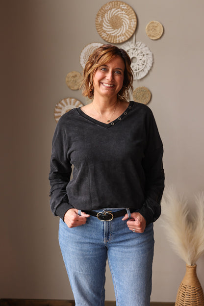 Charcoal Mineral Wash V-Neck Pullover