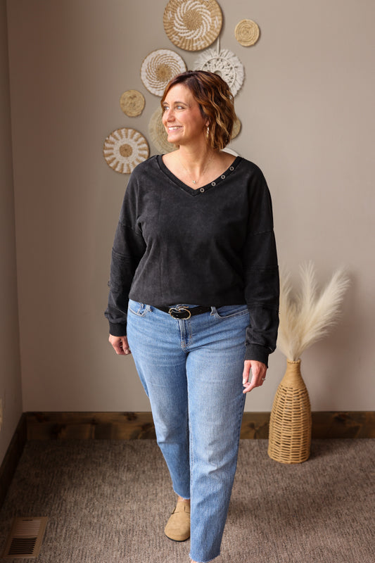 Charcoal Mineral Wash V-Neck Pullover