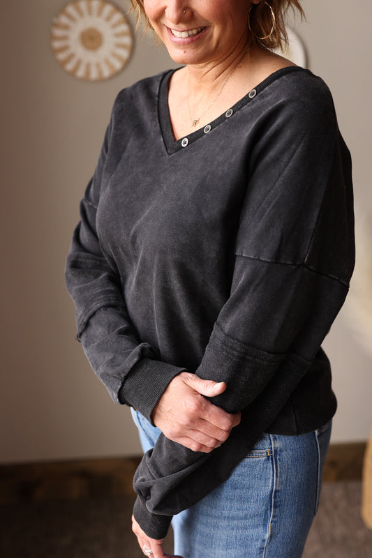 Charcoal Mineral Wash V-Neck Pullover