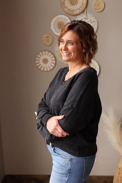 Charcoal Mineral Wash V-Neck Pullover