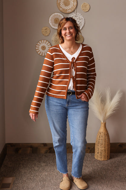 Chestnut Tie Front Striped Cardigan