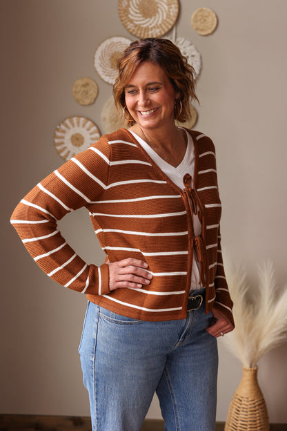 Chestnut Tie Front Striped Cardigan