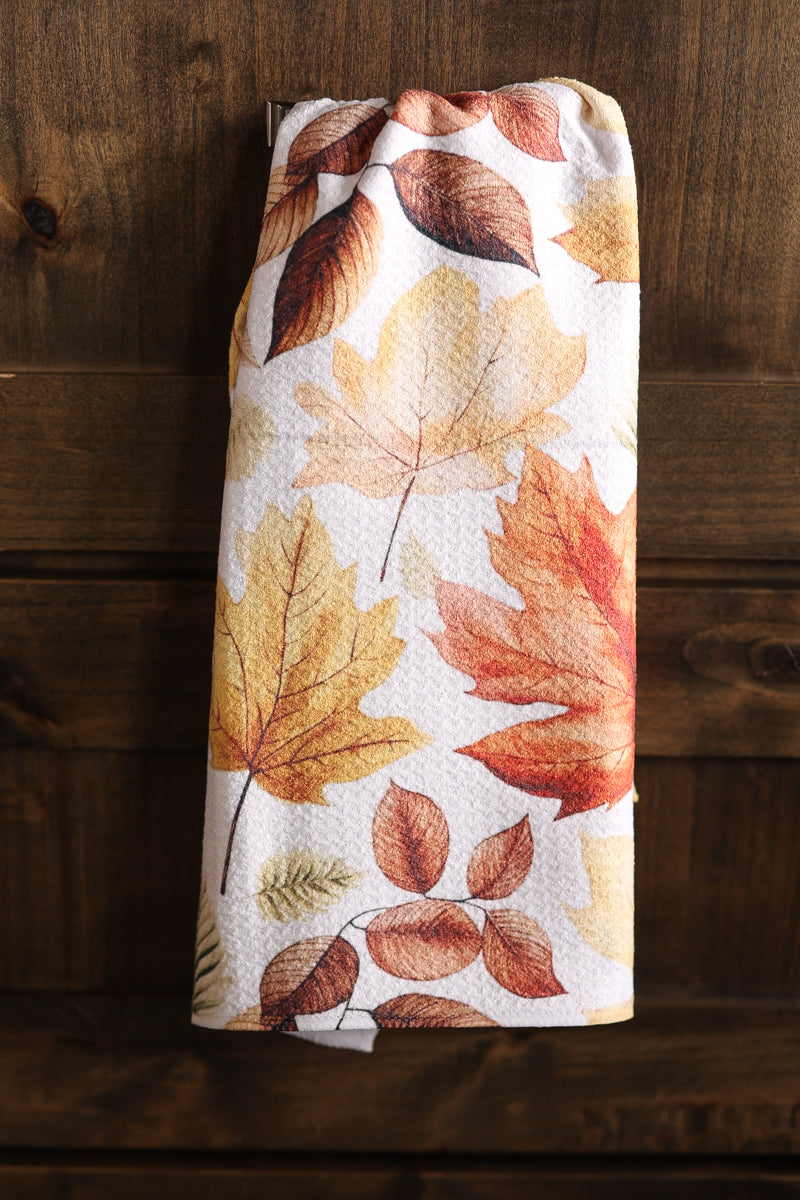 fall yellow orange brown leaves microfiber waffle kitchen tea towel
