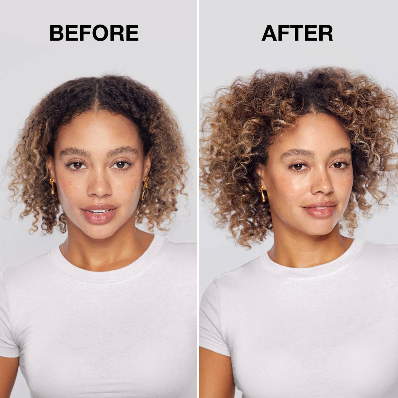Before and after comparison of a woman with curly hair, wearing a white shirt.