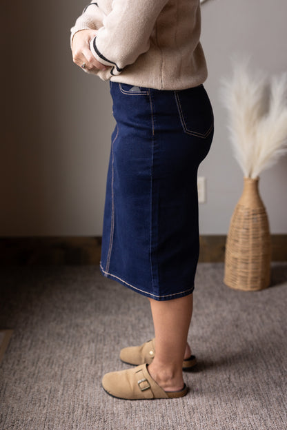 Dark Wash Back Slit Solid Stitch Midi Denim Skirt