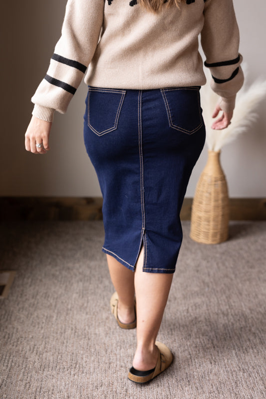 Dark Wash Back Slit Solid Stitch Midi Denim Skirt