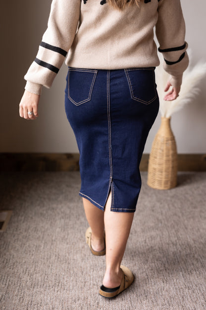 Dark Wash Back Slit Solid Stitch Midi Denim Skirt
