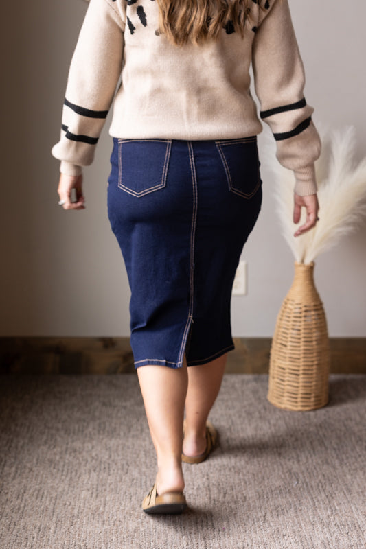 Dark Wash Back Slit Solid Stitch Midi Denim Skirt