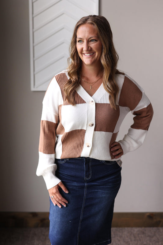 Khaki Checkered Ribbed Button Sweater Cardigan