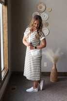 olive white striped midi dress with pockets and white polo collar for easy cute and comfy summer outfits