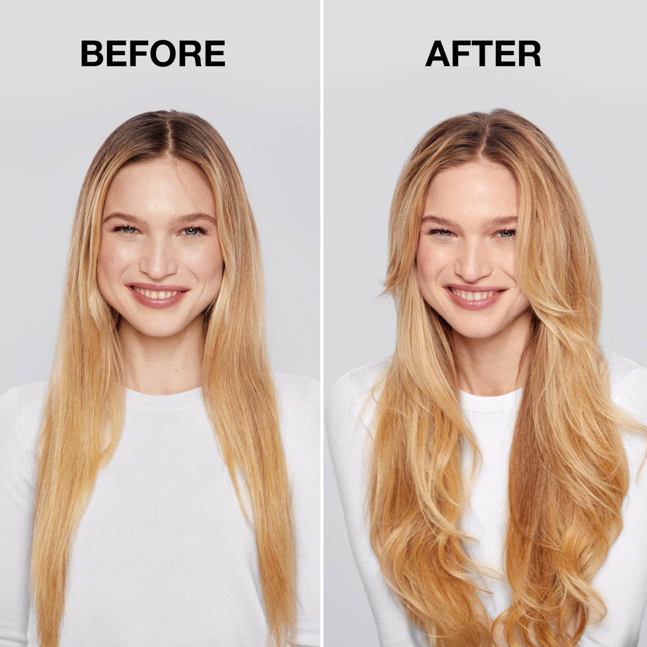 Before and after comparison of a woman with long blonde hair against a white background