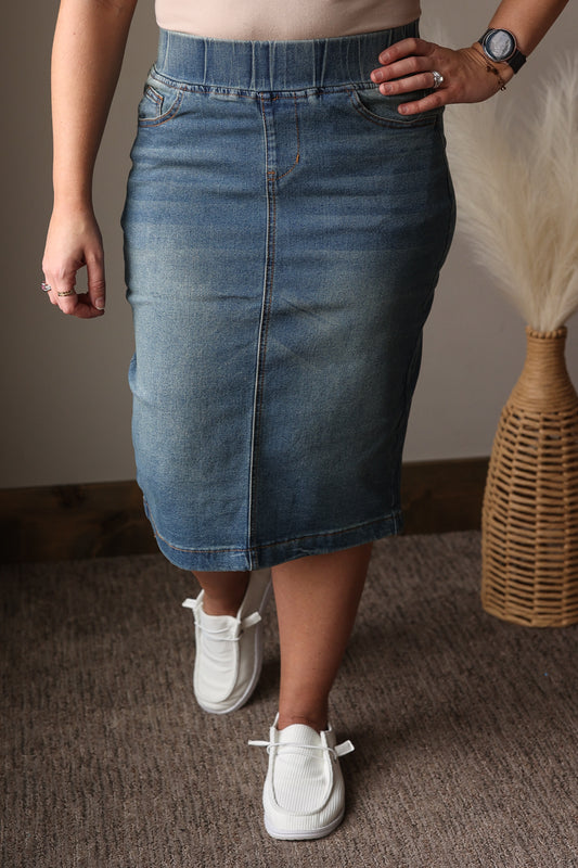 Vintage Wash Pull-On Denim Midi Skirt | Comfort Elastic Waist