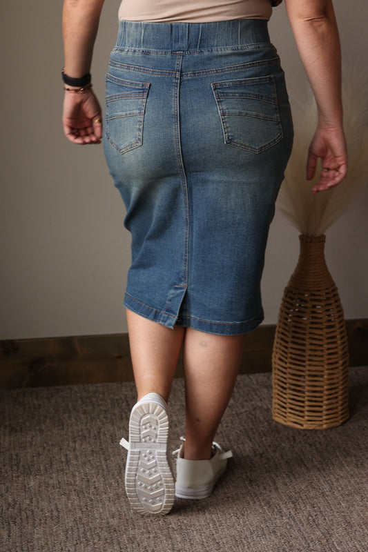 Vintage Wash Pull-On Denim Midi Skirt | Comfort Elastic Waist