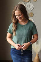 eldergreen ribbed lounge short sleeve top with button fly denim midi skirt