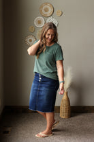 eldergreen ribbed lounge short sleeve top with button fly denim midi skirt and flip flops
