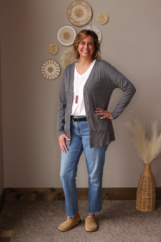 Grey Pocketed Button Front Cardigan; S-2XL PLUS