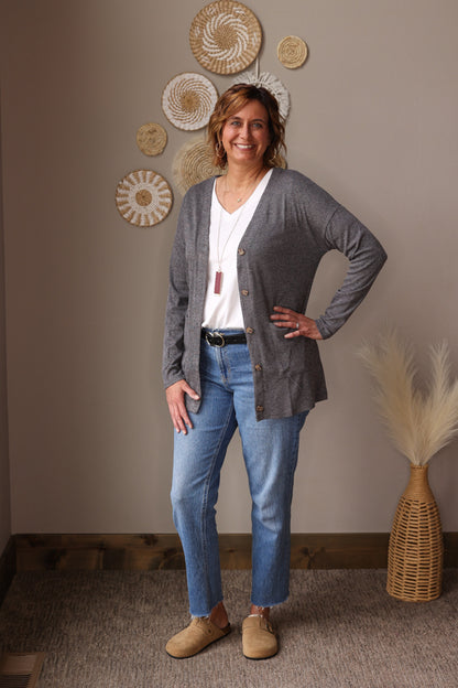 Grey Pocketed Button Front Cardigan; S-2XL PLUS