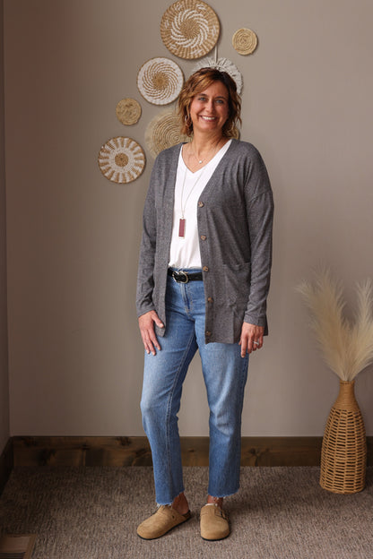 Grey Pocketed Button Front Cardigan; S-2XL PLUS