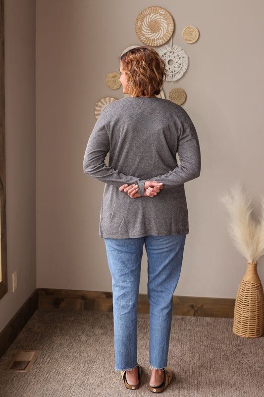 Grey Pocketed Button Front Cardigan; S-2XL PLUS