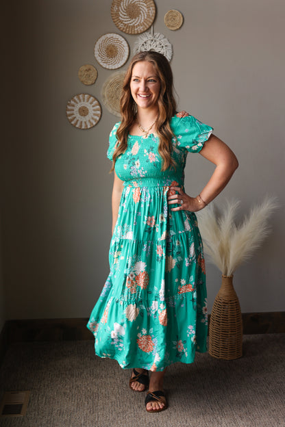Kelly Green Floral Smocked Tiered Maxi Dress with Bubble Sleeves