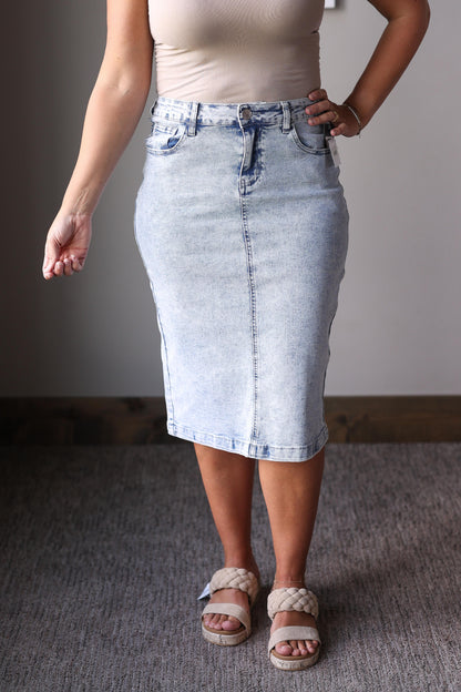 light mineral wash denim midi skirt for women casual modest style