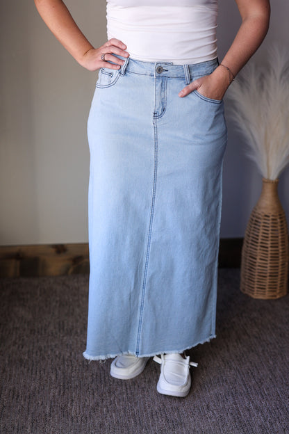 Grace Light Wash Fray Hem Long Denim Skirt