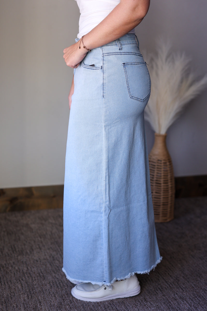 Grace Light Wash Fray Hem Long Denim Skirt