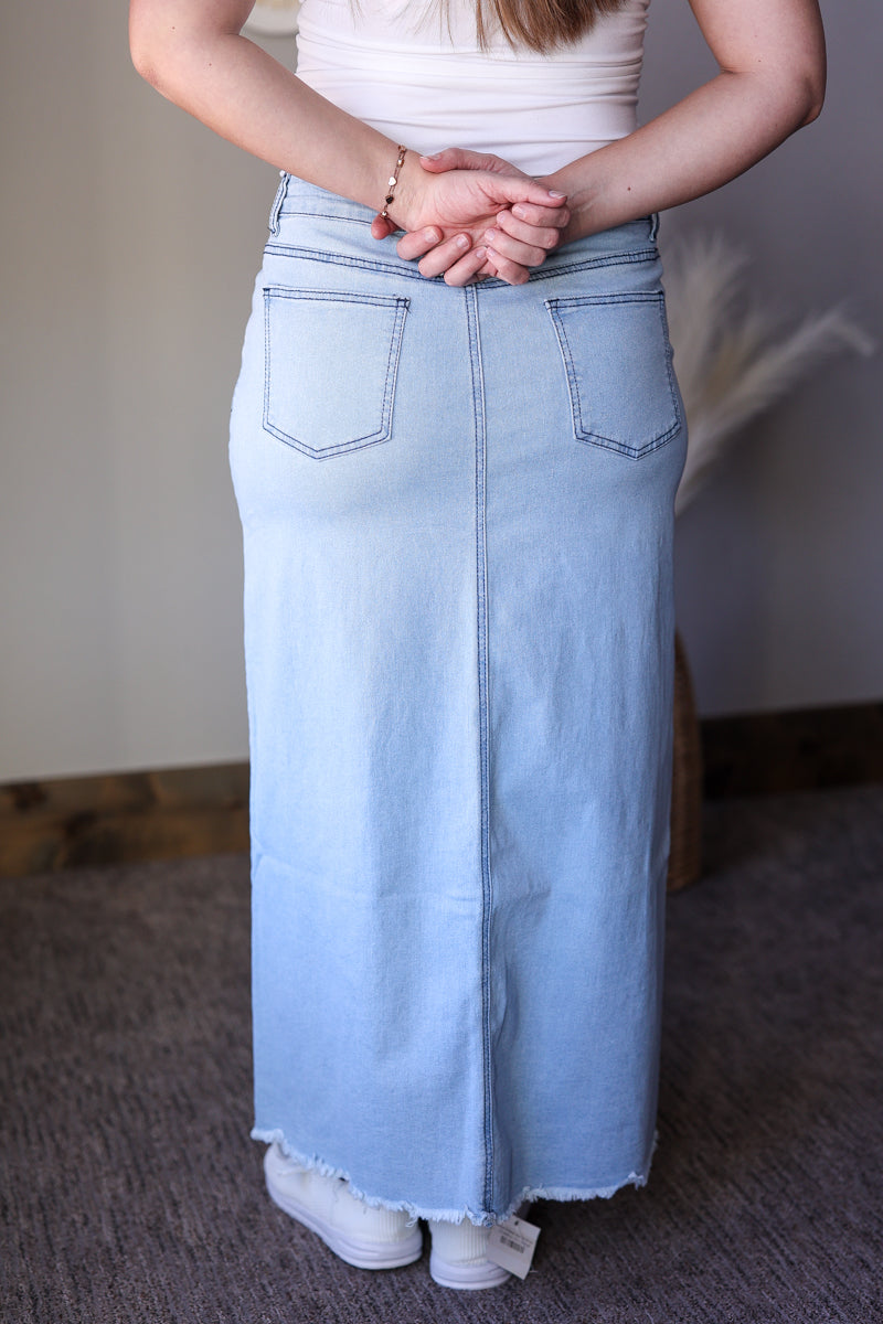 Grace Light Wash Fray Hem Long Denim Skirt