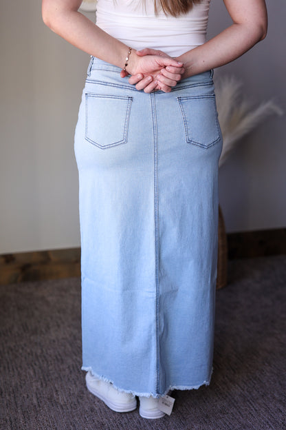 Grace Light Wash Fray Hem Long Denim Skirt