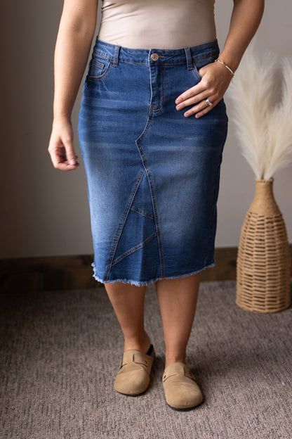 Medium Wash Raw Hem Detail Midi Denim Skirt
