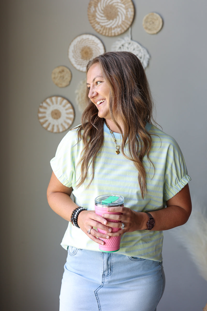 mint lime green and blue striped short sleeve top with light blue denim skirt