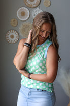 mint green with white polka dots and blue trim contrast tank top