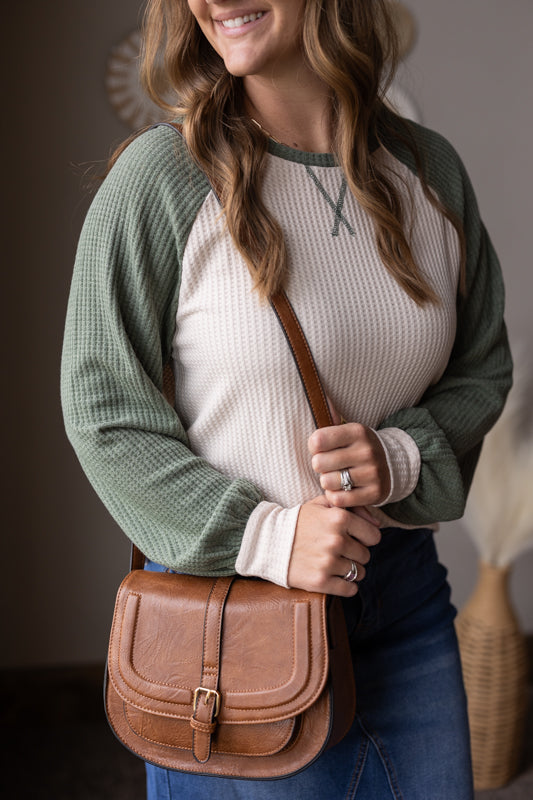 Mist Green Waffle Colorblock Top