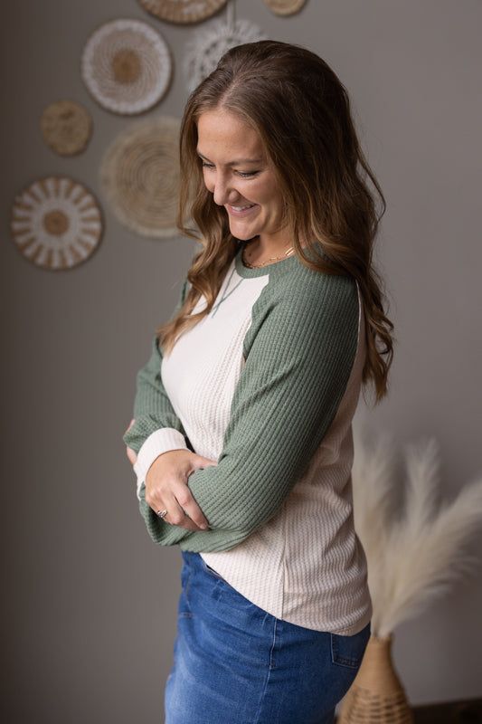 Mist Green Waffle Colorblock Top