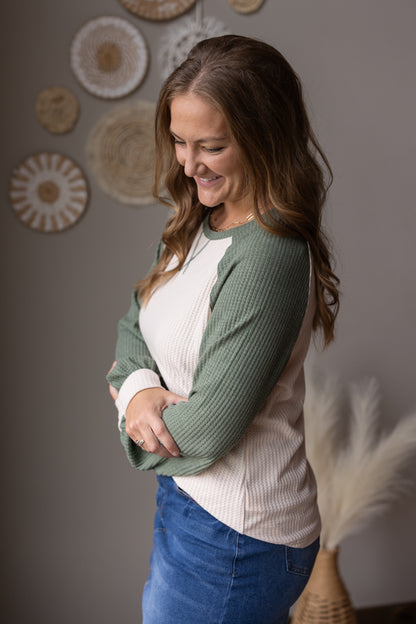 Mist Green Waffle Colorblock Top