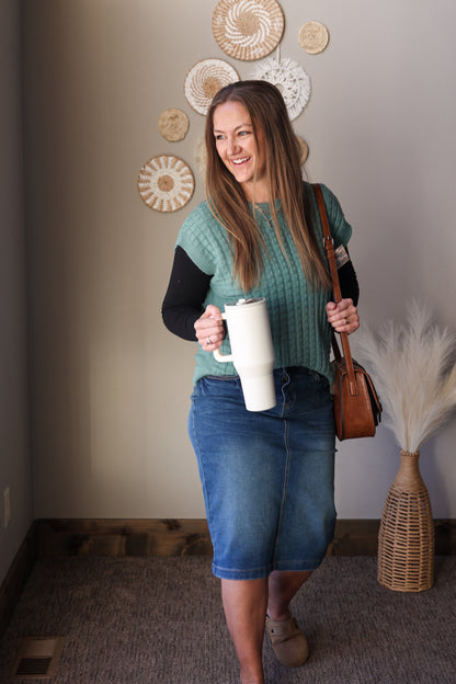 Mist Green Textured Short Sleeve Sweater